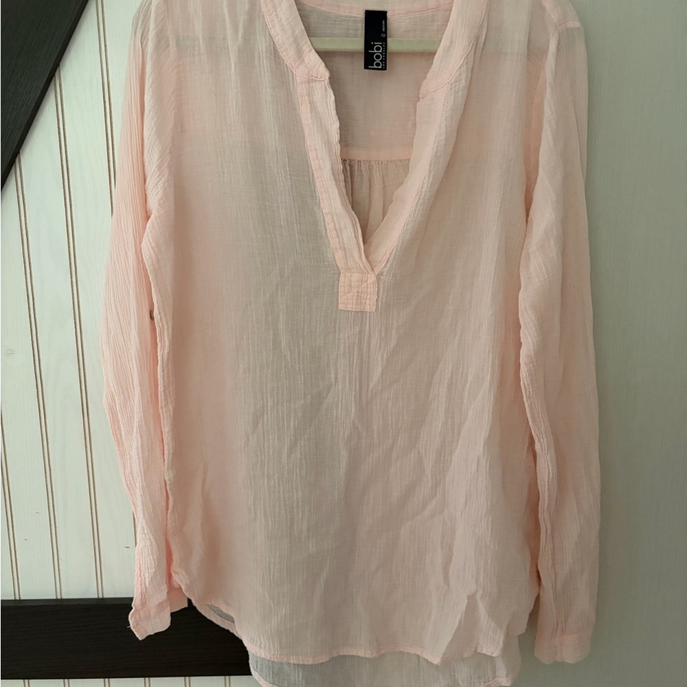 Bobi Women's Pink Semi Sheer Gauzy Cotton Blouse Large